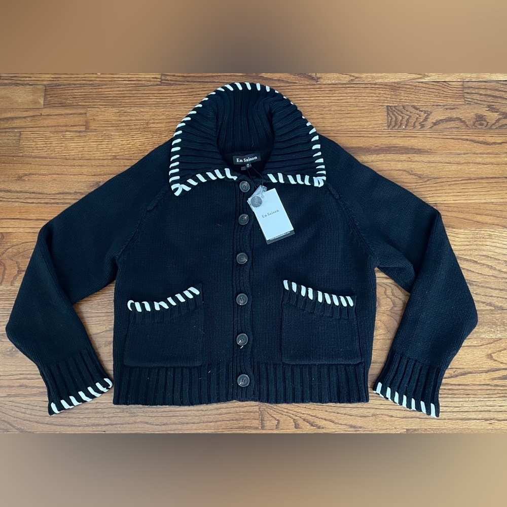 En Saison Piper Whipstitch Black & White Cardigan Sweater Women’s Medium NEW - Picture 2 of 14